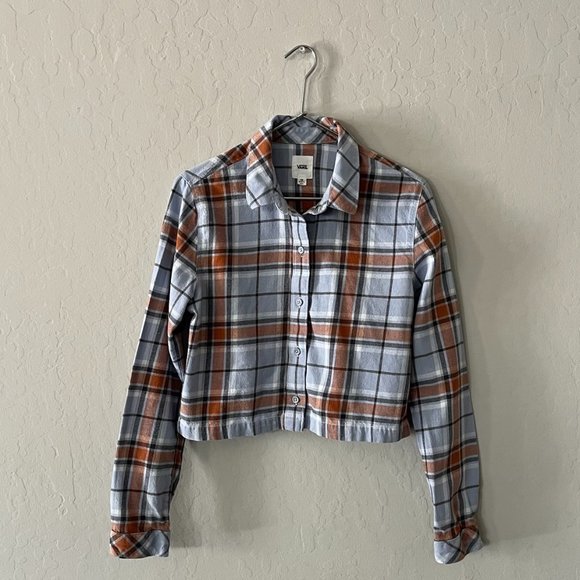 Vans Cropped Button Up Flannel, Size XS, Blue/Grey - Picture 1 of 3